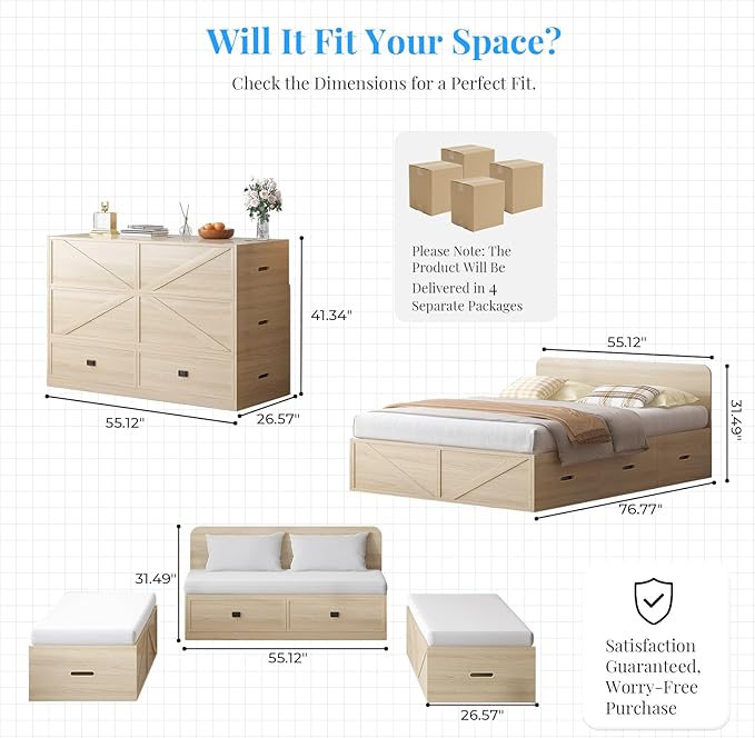 PUREMIND Murphy Bed Full with Mattress Included, Wood Cabinet Bed with Dual Storage Drawers & 2 Pillows, 3-in-1 Convertible Sofa Beds for Small Space, Guest Room, Natural