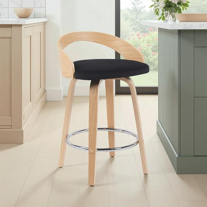 Sonia Modern Swivel Counter Height Bar Stool with Black Upholstered Seat and Patterned Oak Wood Finish Set of 2