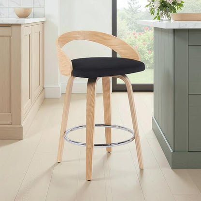 Sonia Modern Swivel Counter Height Bar Stool with Black Upholstered Seat and Patterned Oak Wood Finish Set of 2