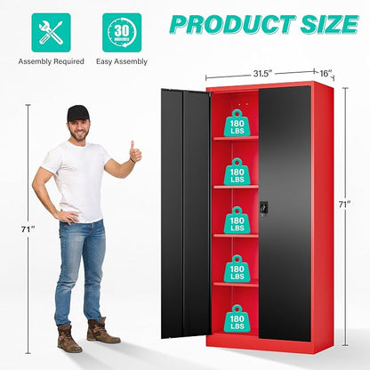 SISESOL Red Metal Storage Cabinet with Locking Doors and Shelves,Garage Storage Cabinet with Lock,Steel Locker,Lockable Cabinets for Home,Office,Shop,Garage Cabinets