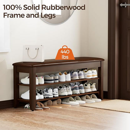 Homleke 2-Tier Solid Wood Shoe Rack Bench with Flip-Top Storage | Entryway Bench with Cushion, Adjustable Shelf, Holds Up to 10 Pairs, for Hallway, Bedroom and Closet, Walnut, 39.4 Inch