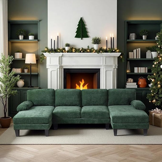 VINGLI 110" Sectional Couches for Living Room,U Shaped Couch with Double Chaise, 4-Seat Sofa Set with Chenille Fabric for Home Furniture,Forest Green