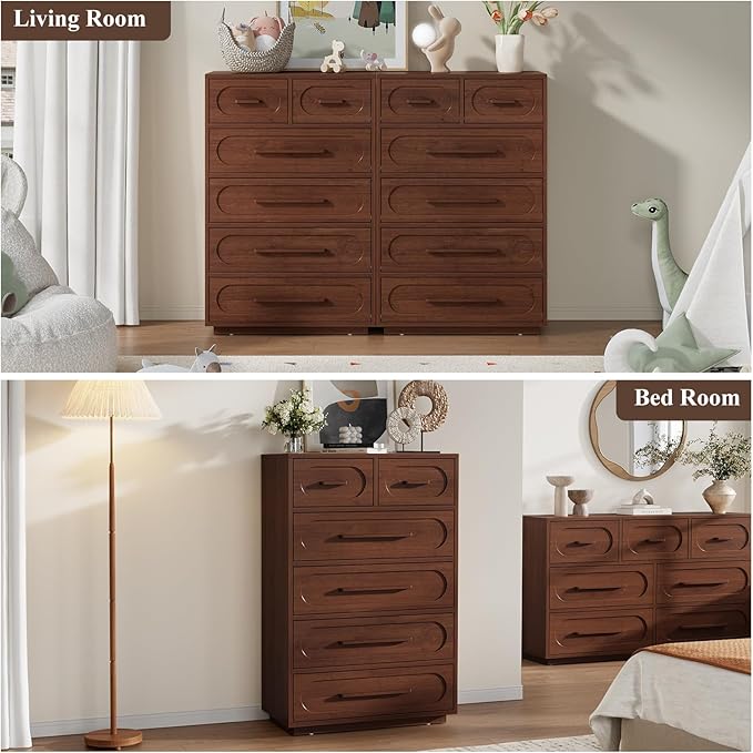 Walnut 6 Drawer Dresser for Bedroom, 44" Tall Dressers & Chest of Drawers with Solid Wood Handle, Wood Storage Dressers Organizer for Bedroom, Living Room