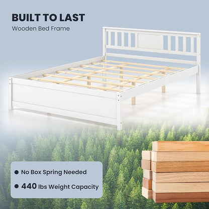 Giantex Queen Size Solid Wood Platform Bed Frame, Mid Century Queen Bed Frame with Headboard, Wooden Slat Support, Queen Panel Bed, No Box Spring Needed, Easy Assembly, White