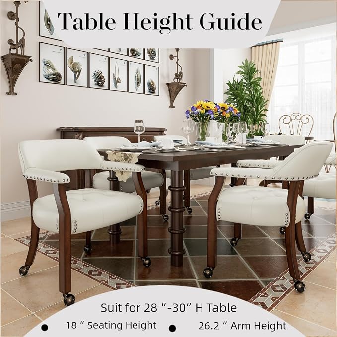 LEEMTORIG Set of 4 Large Dining Chairs with Casters and Arms, Rolling Dining Chairs with Wheels, Poker Chairs, Solid Wood Boss Caption's Chairs, 26"D x 25.2"W x 31.5"H, Cherry Legs & Ivory, SY-1533-WT