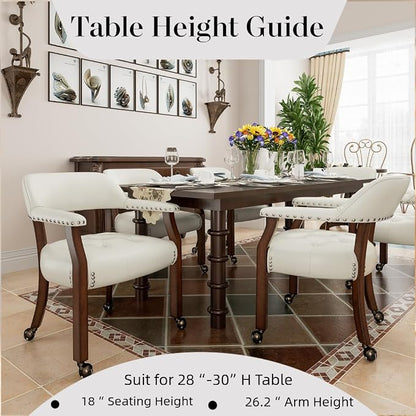 LEEMTORIG Set of 4 Large Dining Chairs with Casters and Arms, Rolling Dining Chairs with Wheels, Poker Chairs, Solid Wood Boss Caption's Chairs, 26"D x 25.2"W x 31.5"H, Cherry Legs & Ivory, SY-1533-WT