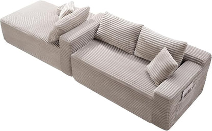 95" L-Shaped Left Facing Cloud Sectional Couch for Living Room, Modular Compressed Boneless Sectional Sofa Corduroy Boneless Corner Foam Sofa W/Chaise Lounge and Pillows