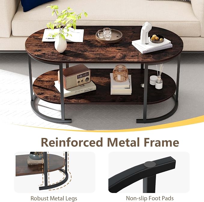 Giantex 2-Tier Coffee Table, Oval Center Table with Wood Grain Top & Open Storage Shelf, Modern Accent Table with Heavy Duty Metal Frame, Cocktail Table for Living Room Reception (Rustic Brown)