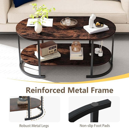 Giantex 2-Tier Coffee Table, Oval Center Table with Wood Grain Top & Open Storage Shelf, Modern Accent Table with Heavy Duty Metal Frame, Cocktail Table for Living Room Reception (Rustic Brown)