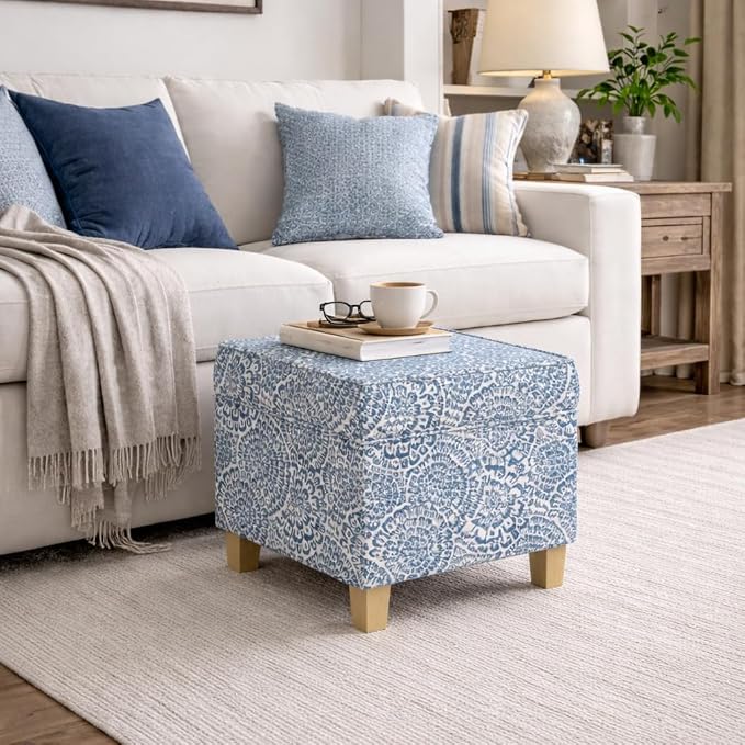 HomePop 18" Classic Square Storage Ottoman - Blue & Cream Modern Floral
