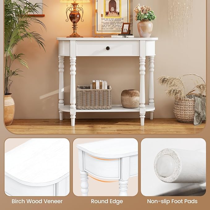 Giantex 2-Tier Narrow Console Table, 36" White Entryway Table with Storage Drawer & Elegant Legs, Wooden Sofa Table with Open Shelf for Living Room, Foyer, Hallway, Bedroom, Entrance