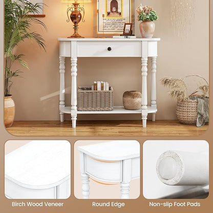 Giantex 2-Tier Narrow Console Table, 36" White Entryway Table with Storage Drawer & Elegant Legs, Wooden Sofa Table with Open Shelf for Living Room, Foyer, Hallway, Bedroom, Entrance