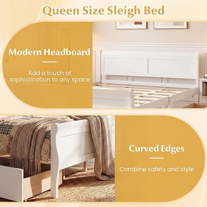 Giantex Queen Bed Frame with 2 Storage Drawers, Wood Platform Bed w/Headboard & Footboard, Wooden Slats Support Mattress Foundation, Sleigh Bedframe for Teens Adults, No Box Spring Needed (White)