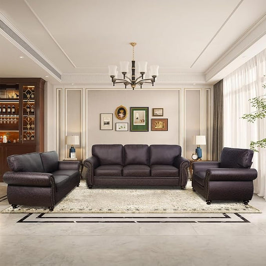 Couchus Living Room Furniture Sets,Sofa Sets and Couch Sets for Living Room,Mid-Century Vintage Sofa Couches with Rivet Design (Brown, Single+Loveseat+3 Seater)