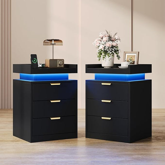 knoworld LED Nightstand Set of 2 with Charging Station & USB Ports, 3-Drawer Bedside Table with Adjustable RGB LED Lights, High-Gloss Modern Nightstands for Bedroom, Black