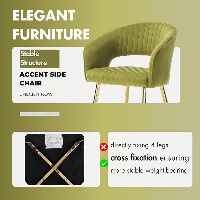 Hyfirm Green Velvet and Gold Dining Chairs, Set of 4 Modern Upholstered Arm Chairs with Hollow Backrest, Tufted Accent Side Chair with Sturdy Metal Legs for Dining Room, Living Room, Kitchen, Salon