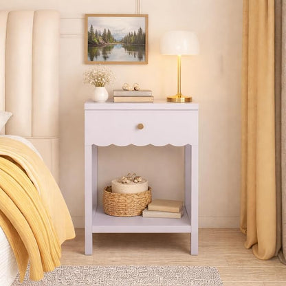 Cute Nightstand with Drawer and Open Shelf, Scalloped Edge Design Bedroom Bedside Table, Wood End Table for Kids Girls Bedroom, Light Purple