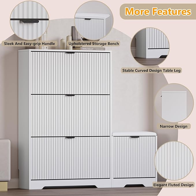 BORNOON Slim Shoe Cabinet with Bench for Entryway, Hidden Storage and Adjustable Shelves, Free Standing Wooden Shoes Organizer for Foyer, Hallway
