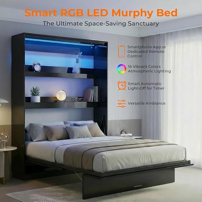 CECER Queen Vertical Murphy Wall Bed，Space Saving for Offices/Guest-Black | Durable Gas-Lift for smooth folding，16 Color Controllable LED Lights，Sturdy frame ＆ Easy Assemble，High Gloss Panel