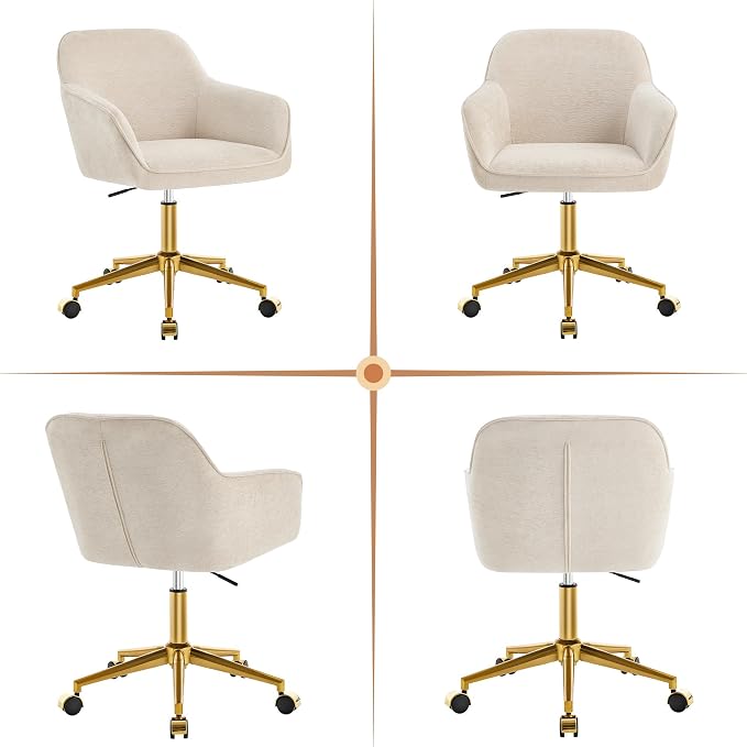 Zesthouse Vanity Chair with Wheels for Girl Women, Swivel Office Desk Chair | Beige Chenille Rolling Office Chair with Arms & Gold Base, Upholstered Fabric Desk Chair for Bedroom, Height Adjustable Chair