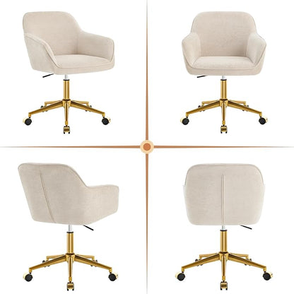 Zesthouse Vanity Chair with Wheels for Girl Women, Swivel Office Desk Chair | Beige Chenille Rolling Office Chair with Arms & Gold Base, Upholstered Fabric Desk Chair for Bedroom, Height Adjustable Chair