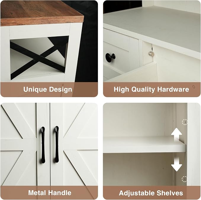 Befrases Farmhouse White Storage Cabinet with Doors and Drawers, Freestanding Kitchen Pantry Cabinet, Floor Storage Cabinet Hutch Cupboard for Kitchen, Living Dining Room, Bathroom