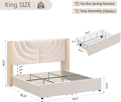 HITHOS King Upholstered LED Bed Frame with 2 Storage Drawers, Velvet Platform Bed with Wingback Headboard, Solid Wooden Slats Support, No Box Spring Needed, Headboard Splicing Design, Beige