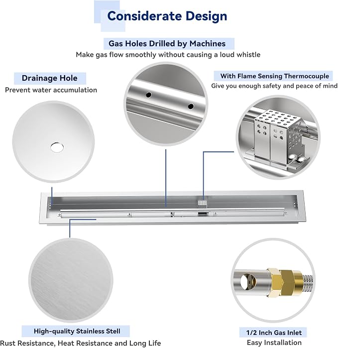 Skyflame Spark Ignition Gas Fire Pit Burner Kit, 48" Linear Stainless Steel Complete Drop-in Burner Kit with Flame Sensing,Propane Regulator Connector Hose Set for Propane Tank