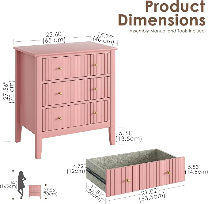 Night Stand, Fluted 3 Drawer Wide Farmhouse Nightstand with Gold Handle, Modern Wooden Bedside End Table for Bedroom, Living Room, Pink