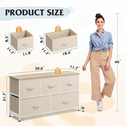 WLIVE Dresser for Bedroom with 5 Drawers, Wide Chest of Drawers, Fabric Dresser, Storage Organizer Unit with Fabric Bins for Closet, Living Room, Hallway, Cream White