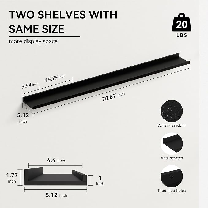 Boswillon 70.9 Inches Long Floating Shelves, 2 Set Modern Wall Shelf for Bedroom, Nursery Book Shelf with Lip, Picture Ledge Shelf for Wall Decor Living Room Bathroom Kitchen - Black