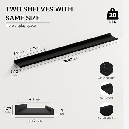 Boswillon 70.9 Inches Long Floating Shelves, 2 Set Modern Wall Shelf for Bedroom, Nursery Book Shelf with Lip, Picture Ledge Shelf for Wall Decor Living Room Bathroom Kitchen - Black