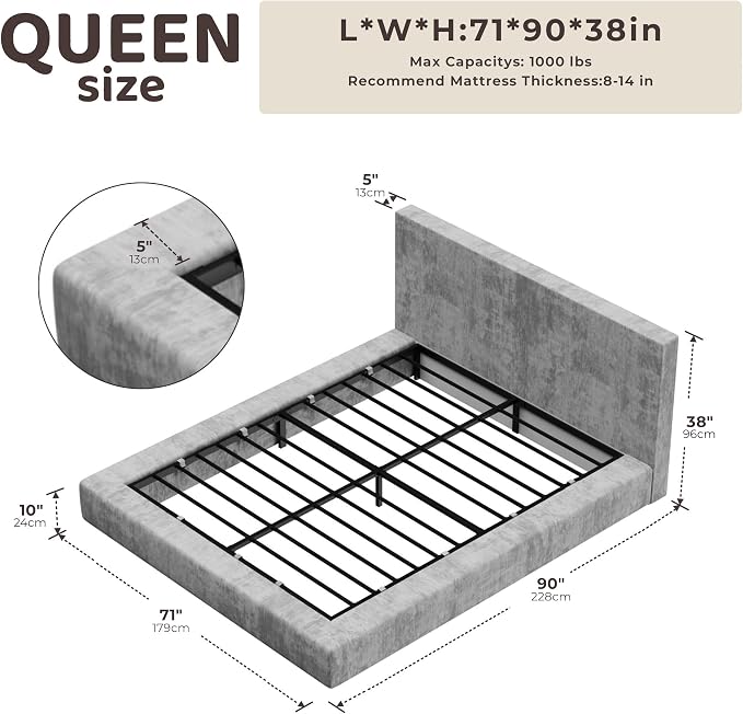 RECCI AirFrame Queen Bed Frame with Headboard, Cloud Upholstered Platform Bed Frame, 5 Inch Foam Cushioned, No Box Spring, Easy Assembly(Moon Grey)