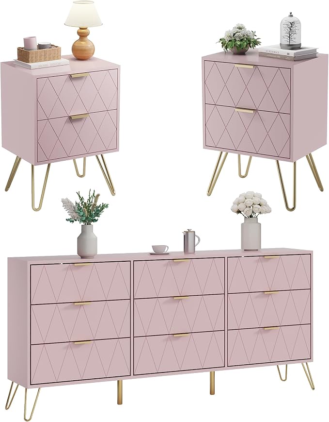 Anbuy Bedroom Sets 3 Pieces Pink Modern 9 Drawer Dresser and Nightstand Sets for Bedroom, Two Drawers Nightstand Set of 2 & 9 Drawer Dresser Combo 3 Pcs (Pink)