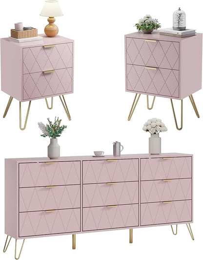 Anbuy Bedroom Sets 3 Pieces Pink Modern 9 Drawer Dresser and Nightstand Sets for Bedroom, Two Drawers Nightstand Set of 2 & 9 Drawer Dresser Combo 3 Pcs (Pink)