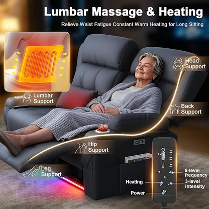 Power Reclining Loveseat with Massage & Heat,Wall Hugger Home Theater Seating with LED Lights,USB & Type-C Ports, Ideal for RV, Home Theater and Game Room,Gray,2 Seats