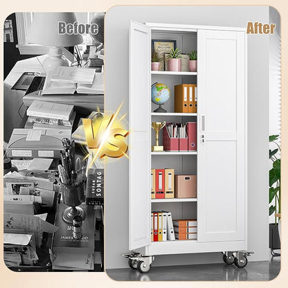 71" H Metal Pantry Storage Cabinet with Wheels,Rolling Kitchen Pantry Cabinet with 2 Doors and 4 Adjustable Shelves, Locker Steel Cabinet,Organization Cabinet for Garage,Home,Gym,School,White