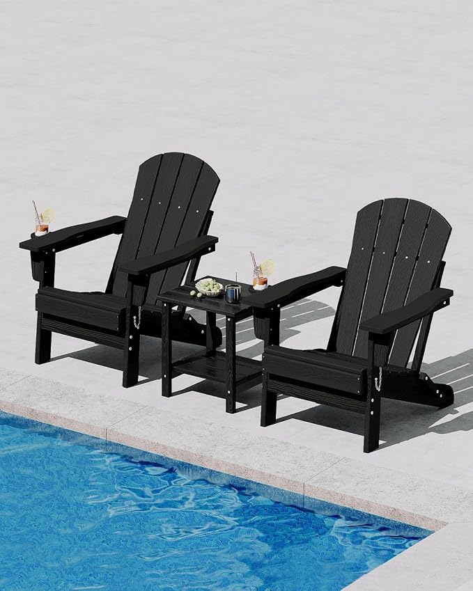 Folding Adirondack Chair, All-Weather HDPE Outdoor Chair, Wooden Textured with Cup Holder for patios, Decks, Gardens, fire pits, Black