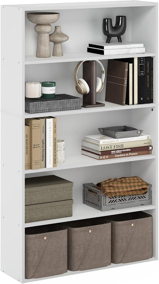 Furinno PASIR Book Shelf, 5-Tier Bookshelf, Bookcase with Open Shelf, 9.4 x 31.5 x 52.7, for Living Room, Bedroom, Home Office, White