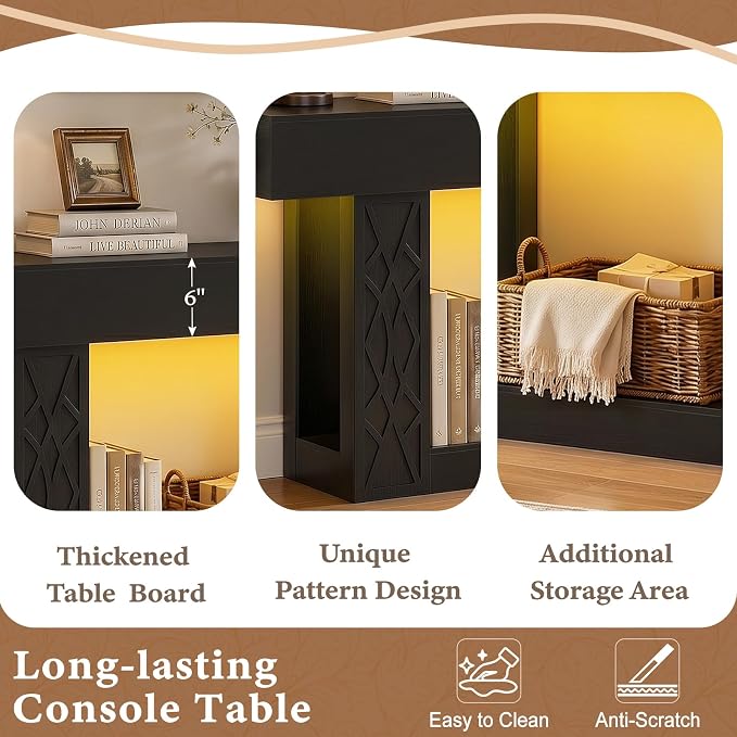 Unikito 63" Console Table with Outlets & LED Lights, Farmhouse Entryway Table with Unique Lattice Geometric Pattern, Sofa Table Behind Couch with 2-Tier Storage for Living Room, Hallway, Foyer, Black