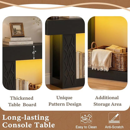 Unikito 63" Console Table with Outlets & LED Lights, Farmhouse Entryway Table with Unique Lattice Geometric Pattern, Sofa Table Behind Couch with 2-Tier Storage for Living Room, Hallway, Foyer, Black