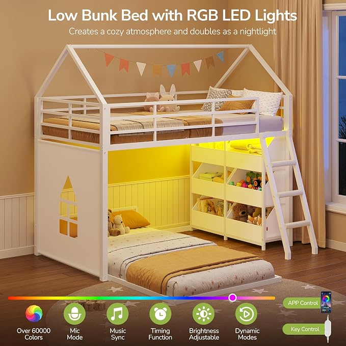 Hasuit Low Bunk Bed Twin Over Twin with Toy Storage Organizer-6 Removable Bins, Floor Bunk Beds with LED Lights, House Bunk Bed with Ladder & Guardrail, Metal L Shaped Twin Bunk Beds for Kids, White