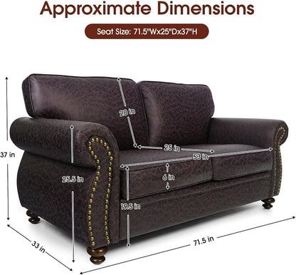 Couchus Mid-Century Vintage Sofa Couches with Rivet Design,loveseat Sofa,Removable Sofa Cover Upholstered Cushions and Solid Wood Frame (Brown, Loveseat)