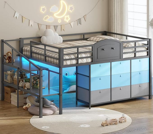 VIAGDO Low Loft Bed Full Size with 9 Storage Drawers and LED Lights, Metal Full Size Loft Bed with Stairway Shelf Storage, Low Loft Bed with Safety Guardrail and Under-Bed Hideaway for Kids, Grey