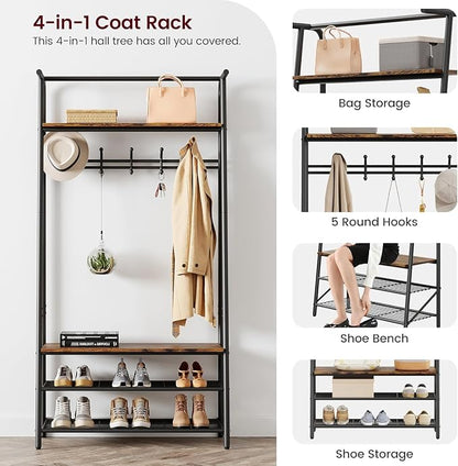 OUTLANE Entryway Hall Tree with 5 Hooks, Shoe Bench & Storage Shelf, Coat Rack Organizer with Wood Accents and Metal Frame for Entryway, Living Room, Bedroom, Rustic Brown-Single row