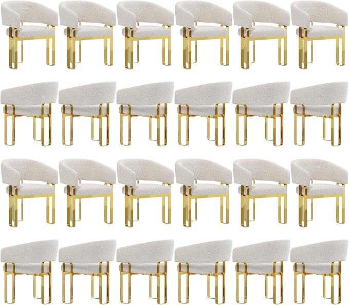 Dining Chair with Arms, Luxury Off White Boucle Barrel Dining Room Chair with Mirrored Gold U-Shaped Legs for Kitchen, Bedroom, Makeup Room, Set of 24