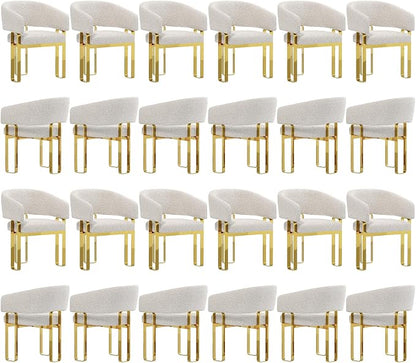 Dining Chair with Arms, Luxury Off White Boucle Barrel Dining Room Chair with Mirrored Gold U-Shaped Legs for Kitchen, Bedroom, Makeup Room, Set of 24