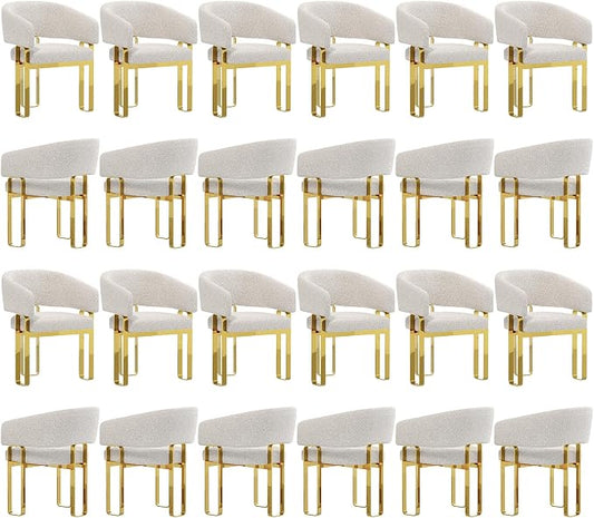 Dining Chair with Arms, Luxury Off White Boucle Barrel Dining Room Chair with Mirrored Gold U-Shaped Legs for Kitchen, Bedroom, Makeup Room, Set of 24