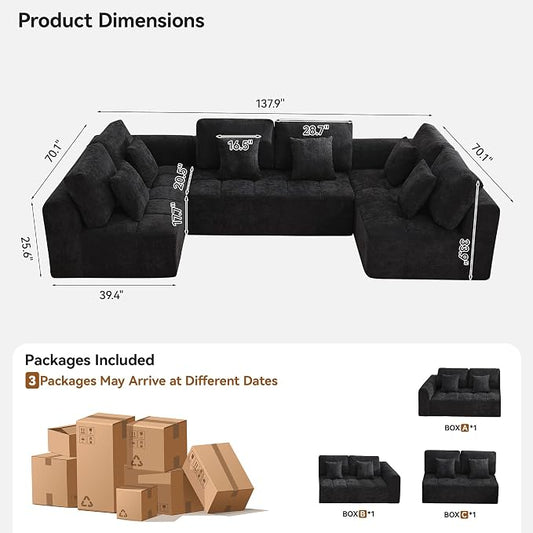 140''Modular Sectional Couches for Living Room, Cloud Boneless Compressed Sectional Sofa, Oversized U Shaped 6 Seater Upholstered Memory Foam Sofa, No Assembly, Chenille Black