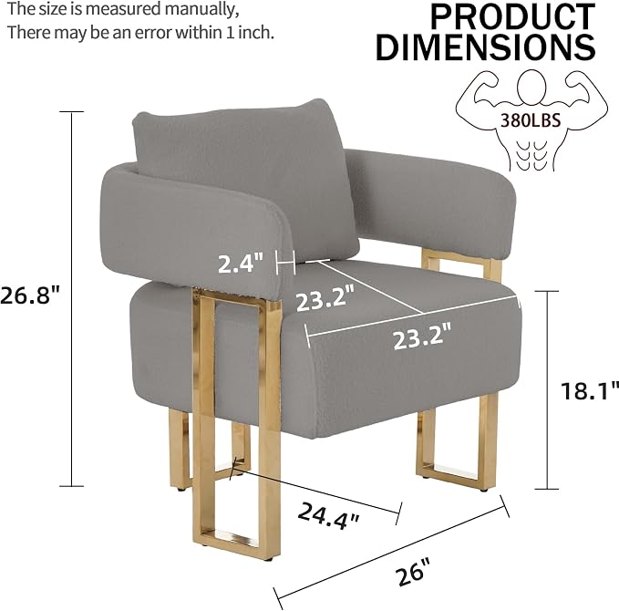 YISHENG Modern Barrel Accent Chairs Set of 2, Living Room Side Chairs with Golden Metal Legs Soft Teddy Upholstered Reading Armchairs no Wheels for Vanity/Reception Room//Bedroom/Lounge/Office, Grey
